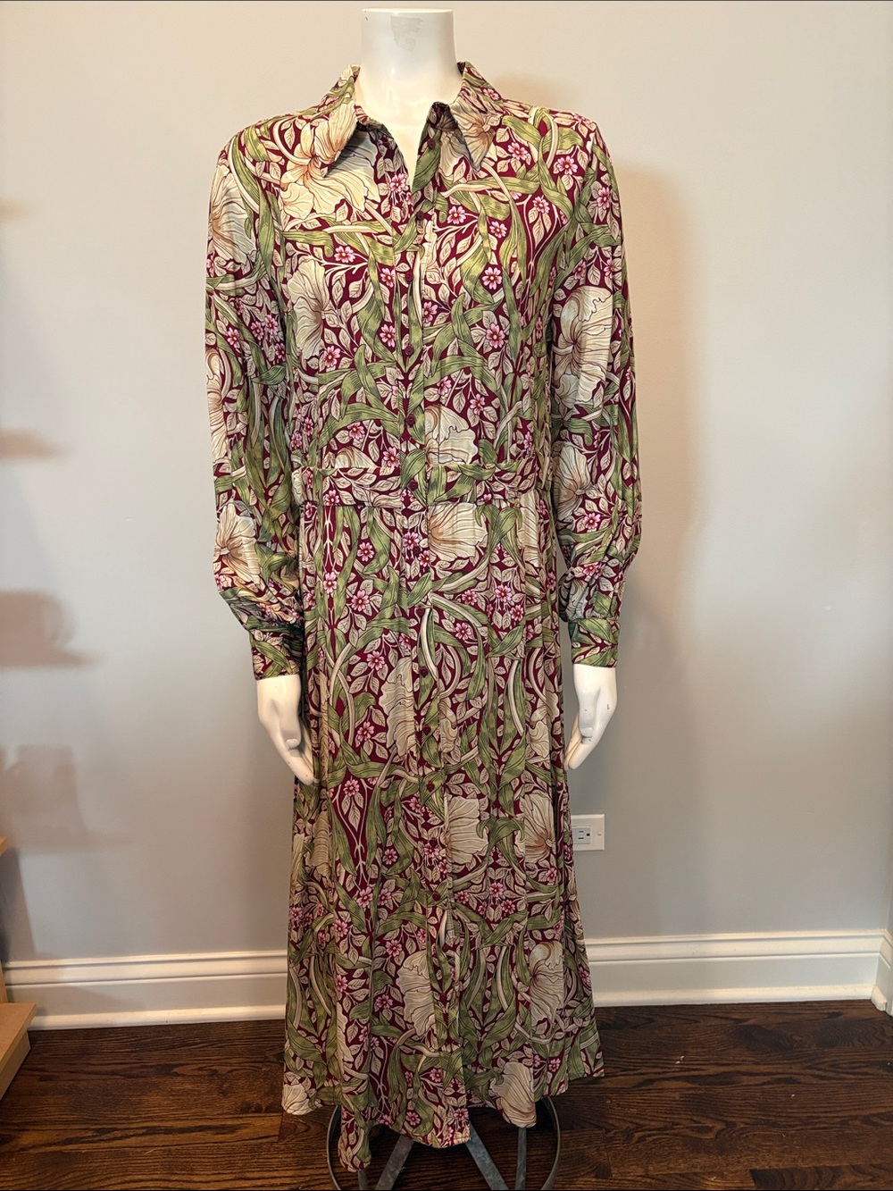 Morris & Co H&M Green and Purple Floral Long-Sleeve Maxi Dress Size 12